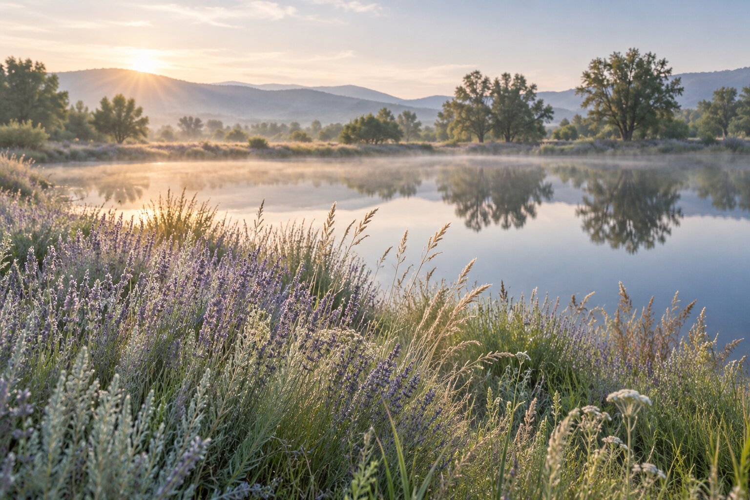 Lavender beside a quiet pond